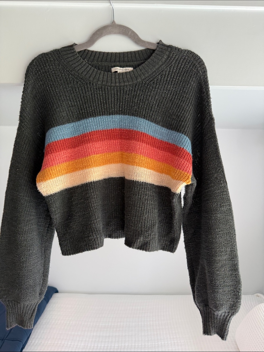 Cropped Black Sweater with Multicolor Stripe